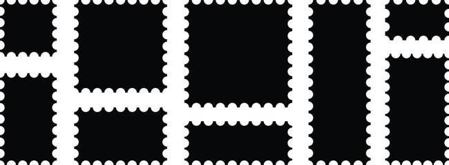 Postage stamp set. Zigzag edge and scallop edge. Rectangle shape with zigzag edges. 