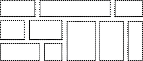 Postage stamp set. Zigzag edge and scallop edge. Rectangle shape with zigzag edges. Border style postage stamp set