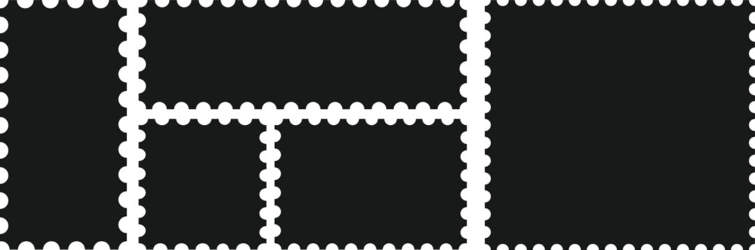 Postage stamp. Black postage stamp template. Postage icon. Rectangle shape frame with circle zigzag edge. Zigzag edge frame. Different size frames. scallop edge shape.