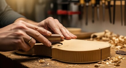 Violin craftsman meticulously shapes wood with focus and care