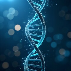 A close-up view of a glowing DNA double helix structure. The background features a soft bokeh effect with blue and white lights, emphasizing a scientific theme.
