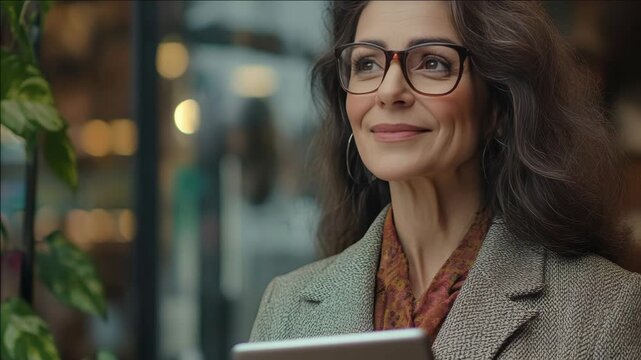 Middle-aged woman in business attire staring off into the distance, deep in thought.