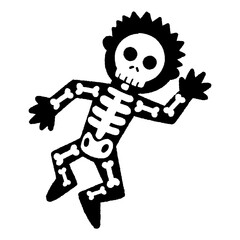 Joyful and stylized black and white illustration depicting a whimsical skeleton figure, perfect for festive or lighthearted graphic designs