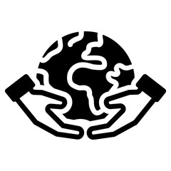 Black glyph icon of hands supporting the world, representing environmental care and conservation efforts