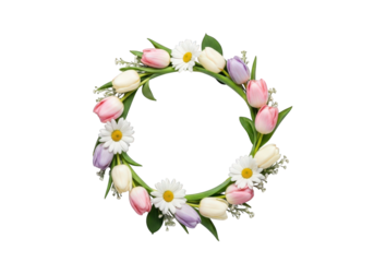 A beautiful floral wreath with tulips and daisies isolated on transparent background