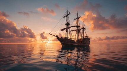 Historic old pirate sailing ship floating on calm ocean waters during golden sunset with dramatic colorful sky, scenic maritime travel and nautical adventure background