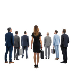 Obraz premium Woman in black dress leads diverse group of business professionals isolated on transparent background