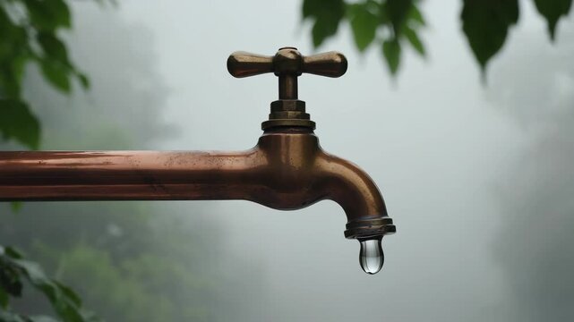 Rusty metal faucet with water drop falling, seen outdoors with soft natural background.