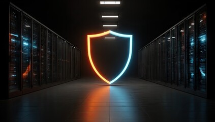 Cybersecurity Shield - Data Protection in a Server Room.