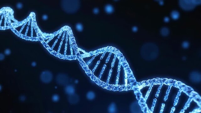 Detailed digital representation of DNA double helix structure glowing in blue, used in science, biotech and research visuals.
