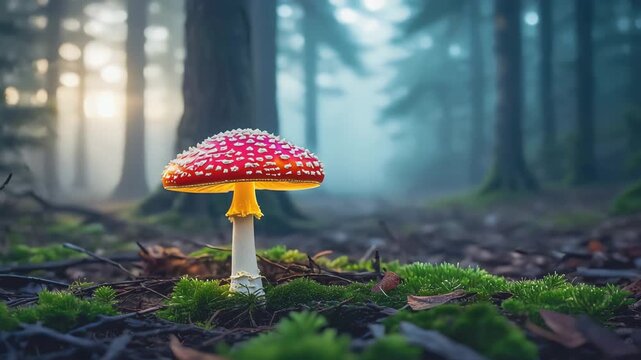 Classic red and white spotted mushroom growing among fallen leaves in damp forest with soft natural lighting.