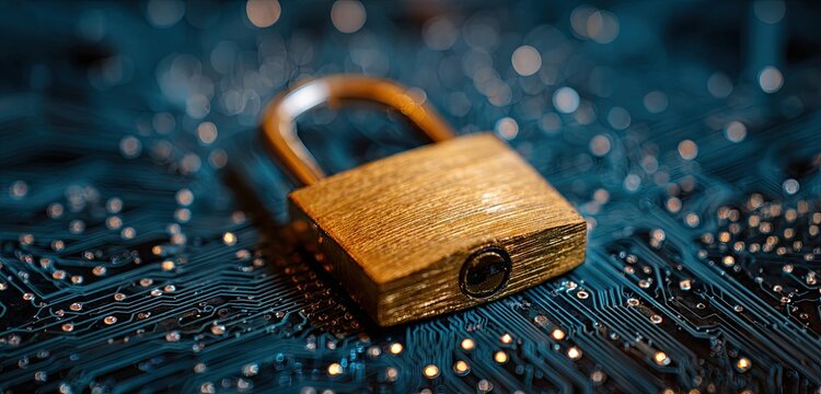 Digital Security - Padlock on Circuit Board.