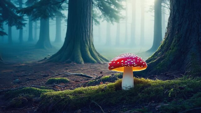 Bright red amanita mushroom growing on forest floor surrounded by soft fog, creating magical and fairytale atmosphere.