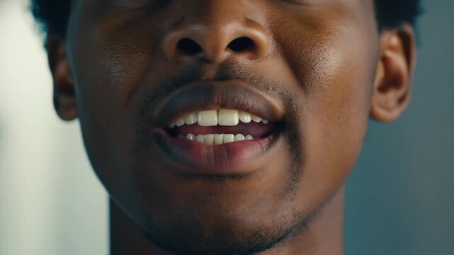 Close view of a man speaking with visible teeth and lips, captured mid-speech in expressive facial motion.