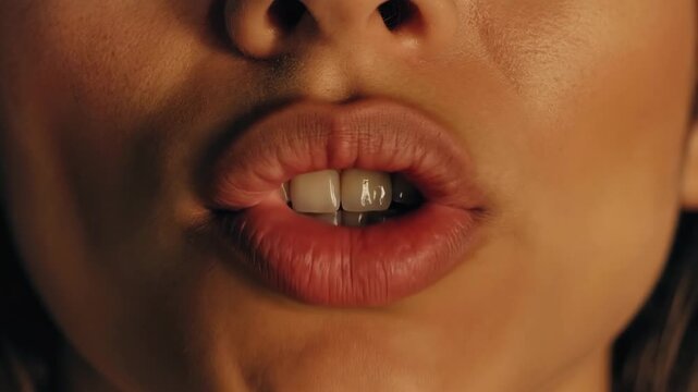 Close view of a woman speaking with visible teeth and lips, captured mid-speech in expressive facial motion.