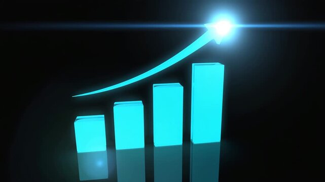 Rising business bar chart with glowing blue effect and upward arrow, representing progress, success and financial performance.