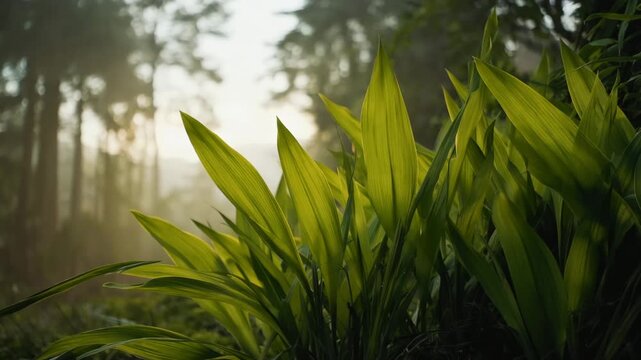 Lush green tropical leaves surrounded by soft morning mist in forest, creating fresh, peaceful and natural environment.