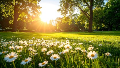 Sunny park scene with daisies