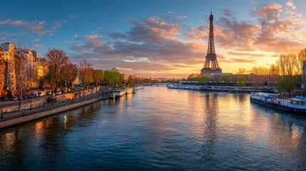 Eiffel tower and river seine at sunset in paris france scenic cityscape travel landmark with vibrant sky and reflections