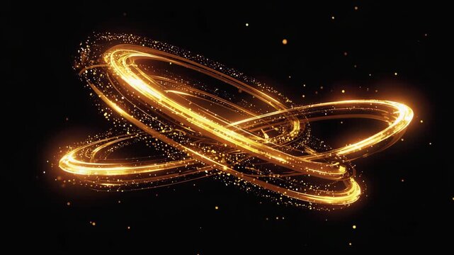 Shiny golden rings made of glowing particles swirling on dark background, forming abstract elegant motion and magical effect.