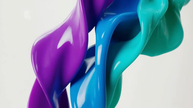 3D abstract glossy twisted ribbons in vibrant purple, blue and turquoise tones, creating modern and playful visual design.