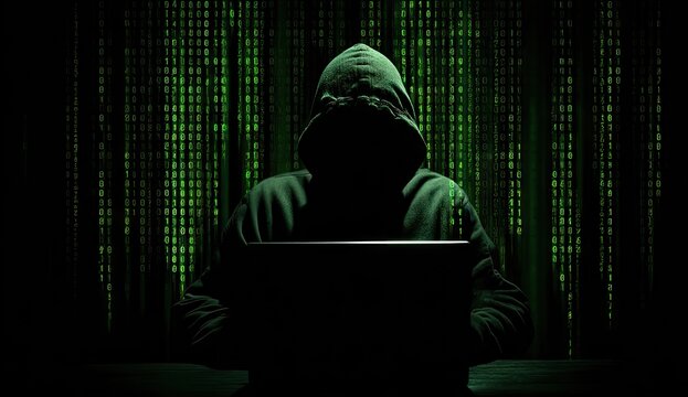 Mysterious Hacker Working on Laptop with Binary Code.