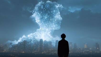 Lone Figure Watching a Giant Luminous AI Face Over a City at Night.