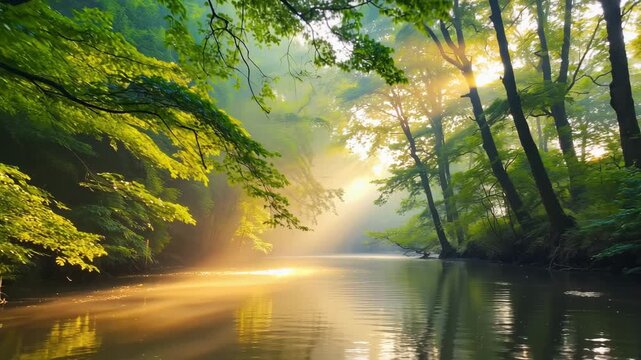 Golden sunlight shines through green forest trees, casting rays over calm river water and creating peaceful natural scene.