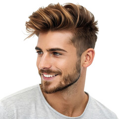 Fototapeta premium Stylish young man with modern haircut and beard smiling isolated on transparent background