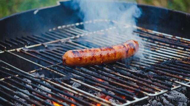 One juicy sausage being grilled on hot barbecue with smoke rising, evoking summer cooking, aroma, and outdoor fun.
