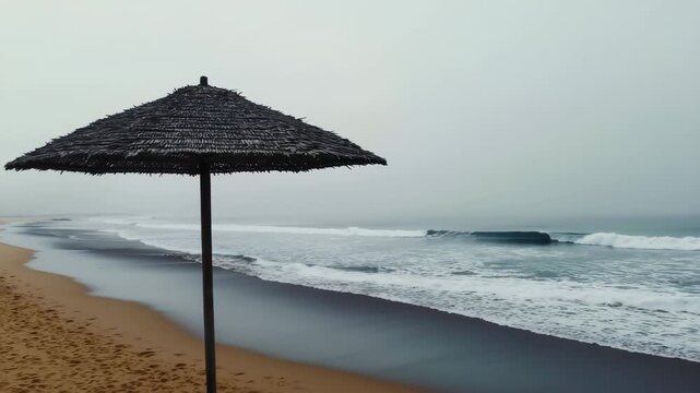Single beach umbrella standing near ocean under misty, overcast sky, creating moody and quiet coastal atmosphere.