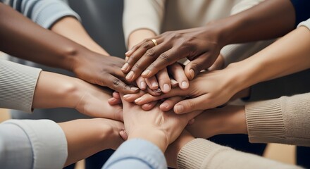 Close-up of diverse hands stacked together, symbolizing unity and teamwork in a group.