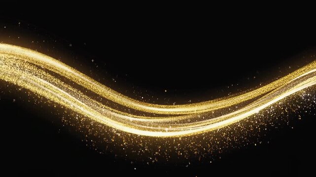 Shimmering golden light wave with sparkles and glowing particles over dark background, elegant, smooth and magical in appearance.