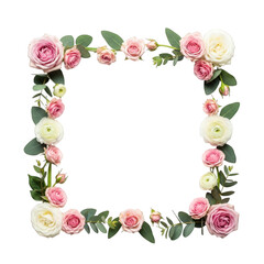 Fototapeta premium Square floral frame with pink and cream roses and eucalyptus leaves isolated on transparent background