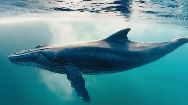 Massive whale peacefully swimming underwater in clear ocean, with sunlight beams shining through surface and deep calm mood.