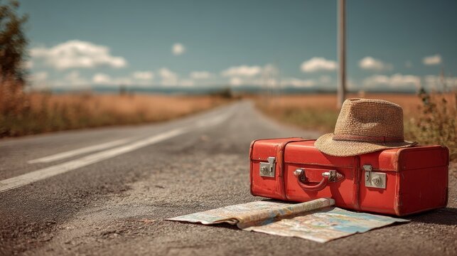 Red suitcase with straw hat and travel map placed on rural countryside road symbolizing vacation journey, summer holiday adventure, and outdoor travel concept - Powered by Adobe