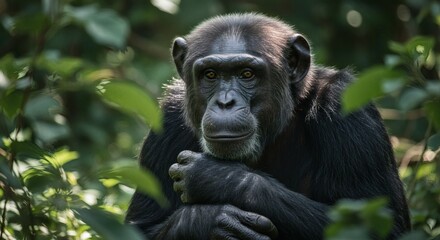 Wise Chimpanzee Gazes From Emerald Jungle Canopy with Portrait.