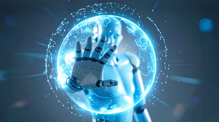 An AI robot interacting with a digital holographic globe, showcasing the fusion of technology and innovation