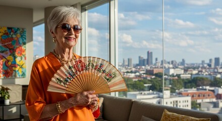 Elderly woman smiling while holding a fan by the city skyline