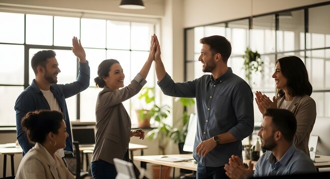 Happy business team celebrating success with high fives in modern office.