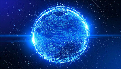 Naklejka premium A stunning digital representation of the world, highlighting a connected network of information and data. A brilliant blue glow emphasizes the globe, symbolizing interconnectedness and technology
