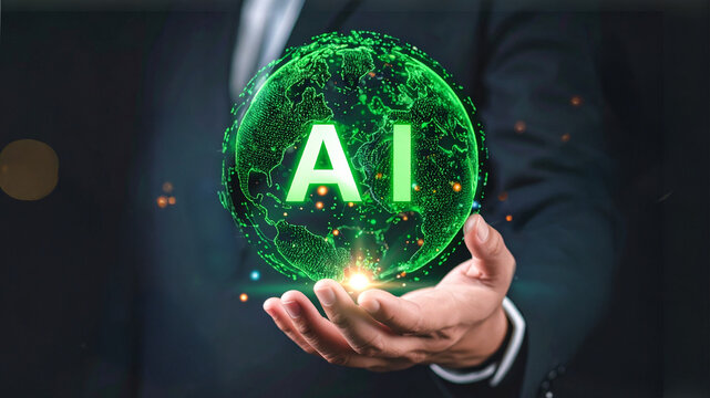A man holding a glowing digital globe that says AI