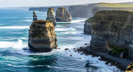 Ocean view of rock formations along the coast with waves crashing on the rocks and cliffs in the distance ai generated
