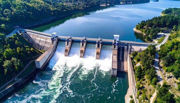 Aerial view of a hydroelectric dam with water flowing