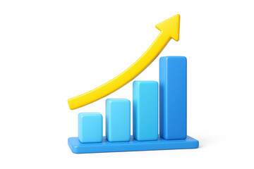 Vibrant 3D Bar Graph Depicting Growth with Blue Columns and a Yellow Arrow on a White Background for Financial and Business Concepts