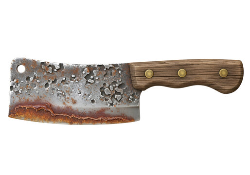 A rusty butcher knife with a weathered wooden handle is displayed against a stark black backdrop.