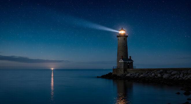 Lighthouse Beaming Light at Night Under Starry Sky - Powered by Adobe
