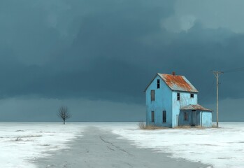 Abandoned house under dramatic stormy clouds.