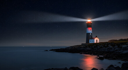 Lighthouse Shining Beacon at Night Under Starry Sky