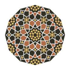 Intricate geometric islamic mandala pattern with earthy tones and white accents